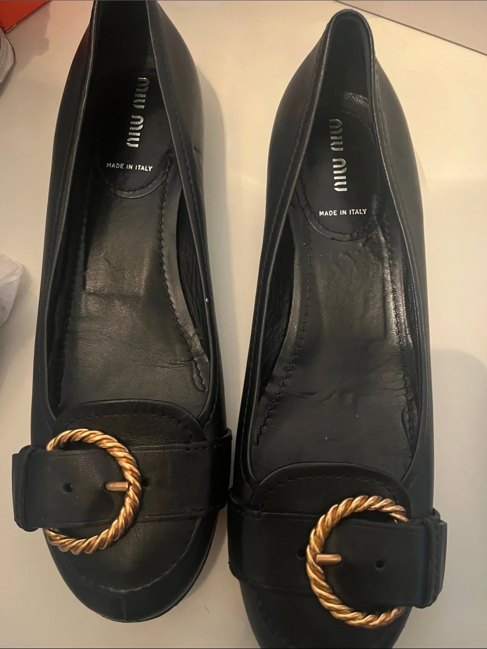 Miu Miu Black Leather Ballet Flats with Gold Rope Buckle